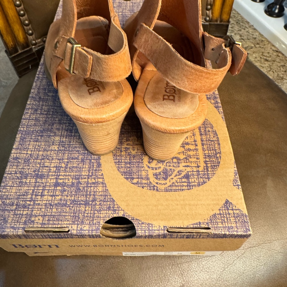 Born Tan Leather Peep-Toe Sandals - Picture 3 of 8